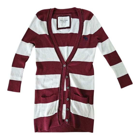Vtg Y2K Abercrombie & Fitch Striped Knit Long Cardigan Maroon White Size Small - Picture 1 of 10